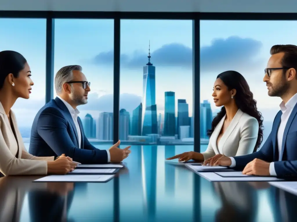Inversores globales debaten sobre REITs en moderno boardroom Inversionistas globales en una sala de juntas de alto nivel, discutiendo inversiones en REITs con vista a la ciudad