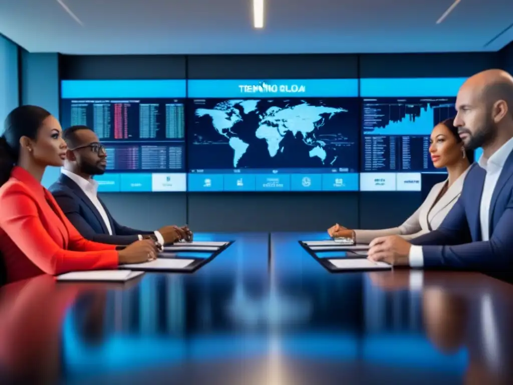 Inversionistas globales serios discuten estrategias de inversión en un moderno salón de juntas con datos de mercado inmobiliario internacional, destacando la importancia de las regulaciones alquiler propiedad internacional