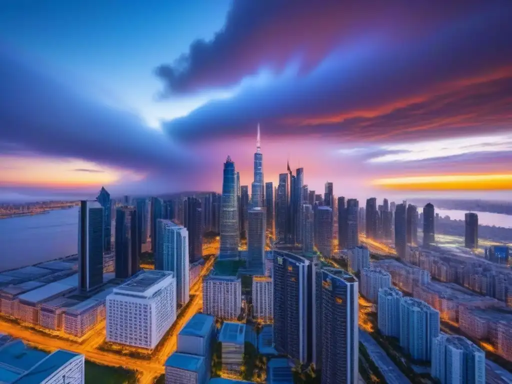 Skyline urbano global al atardecer: oportunidades de inversión inmobiliaria Inversionistas globales se maravillan con el skyline urbano al atardecer, reflejando oportunidades en REITs