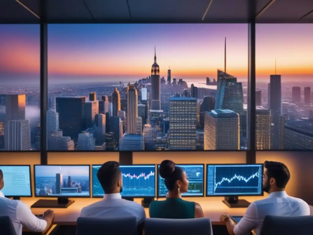 Inversionistas globales analizan tendencias de REIT en metrópolis futurista Inversionistas globales analizan tendencias mercado inmobiliario con tecnología frente a metrópolis al anochecer
