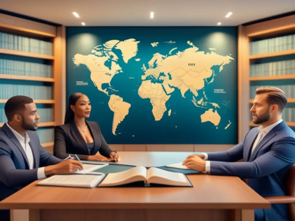 Inversionistas globales en discusión legal sobre propiedad compartida Inversionistas globales discuten legislación sobre tiempo compartido en detallada ilustración moderna