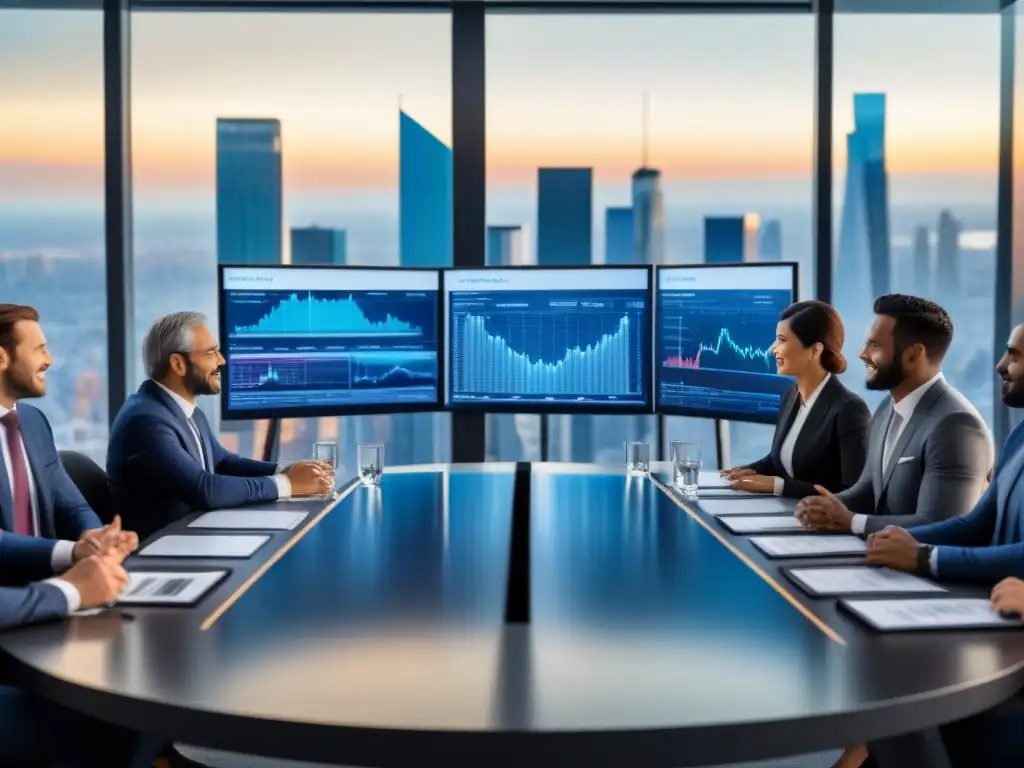 Inversores globales entusiastas analizan REITs en boardroom moderno Inversionistas globales en boardroom ultramoderno discuten entusiastamente sobre REITs