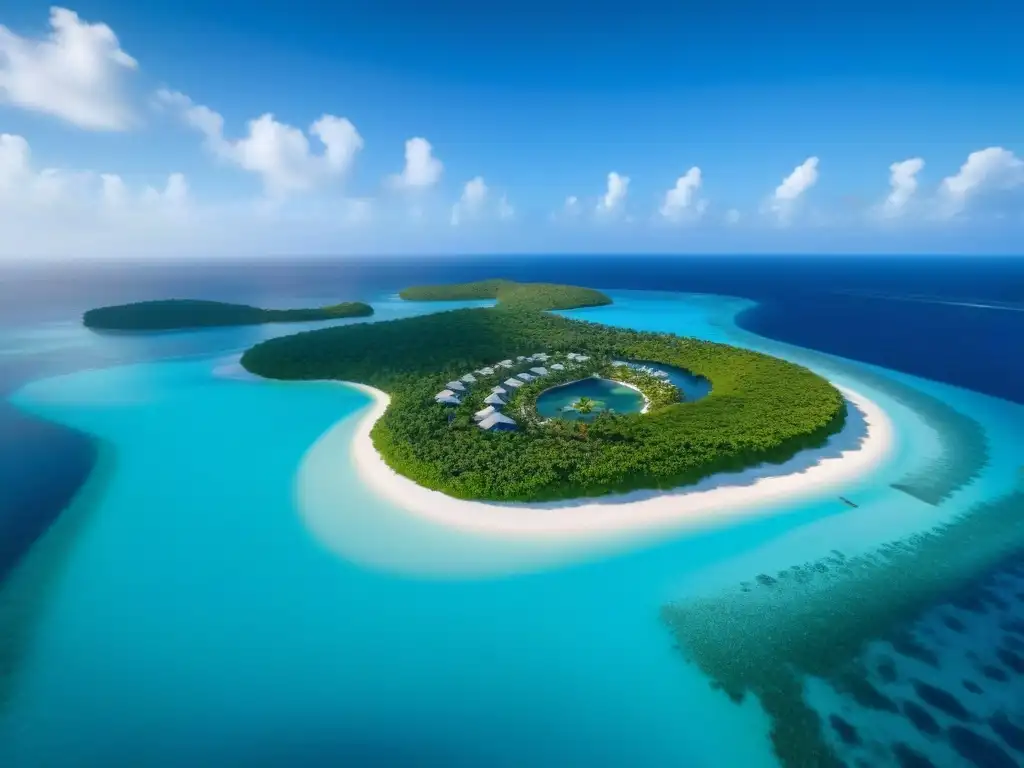 Isla privada de lujo: villas elegantes, yates y exuberante vegetación Inversionistas globales: vista aérea impresionante de una isla privada de lujo rodeada de aguas turquesas cristalinas y exuberante vegetación