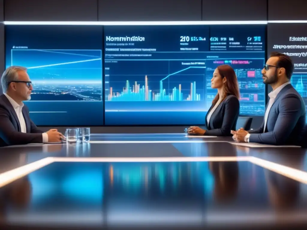 Inversores estratégicos en mercado emergente: visión futurista Inversionistas analizan gráficos holográficos en moderna sala de juntas con vista a la ciudad