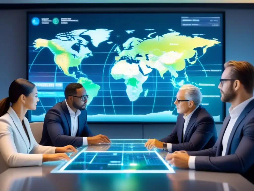Inversores estudian mercado inmobiliario global en holograma Inversionistas diversos analizan holograma del mercado inmobiliario mundial, integrando REITs