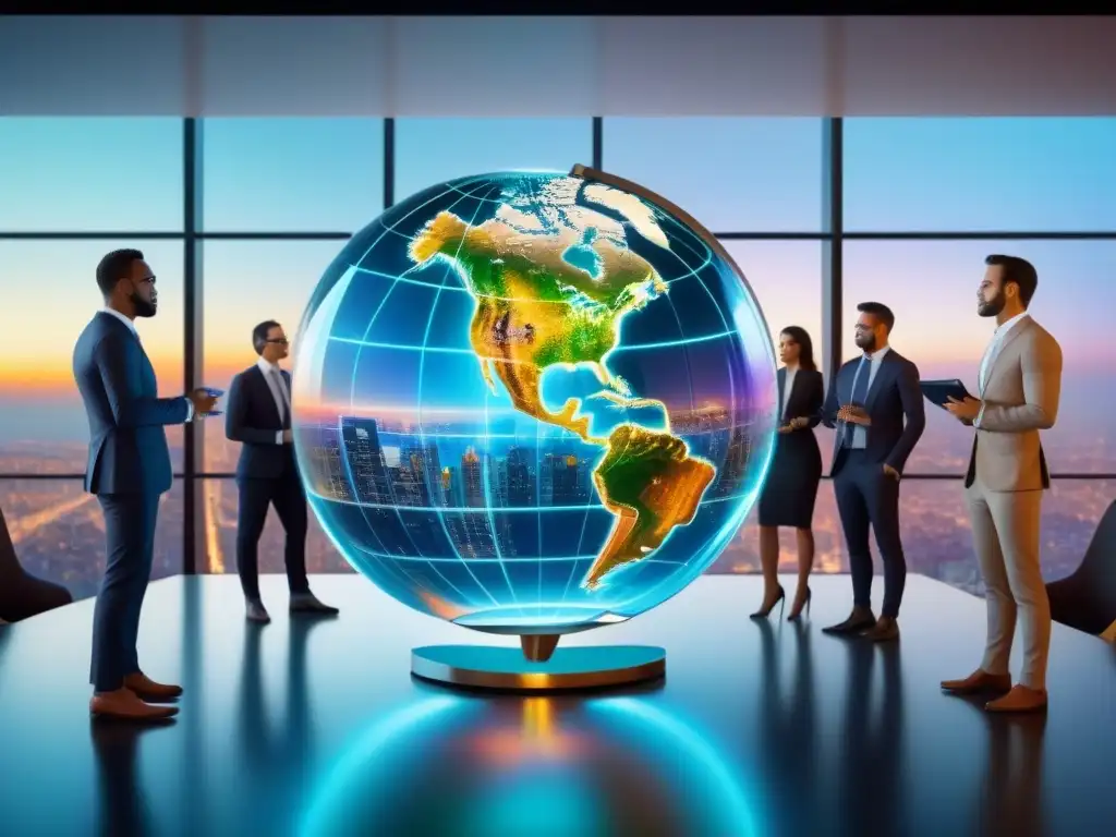 Inversionistas inmobiliarios globales unidos en estrategia holográfica Inversionistas inmobiliarios protegen carteras ante fluctuaciones cambiarias en sala hightech futurista