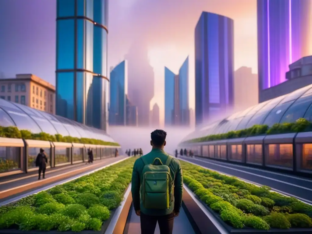 Skyline futurista eco en 8k al atardecer Inversionistas inmobiliarios globales en ecociudades: Vista futurista de ciudad verde con energía solar al atardecer
