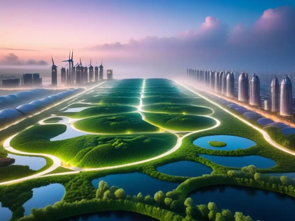 Ecocity futurista: arquitectura verde y sostenible al atardecer Inversionistas inmobiliarios globales en ecociudades: Vista aérea impresionante de una ciudad ecológica futurista al atardecer, con arquitectura verde innovadora, jardines en azoteas, turbinas eólicas, paneles solares y una red de ciclovías
