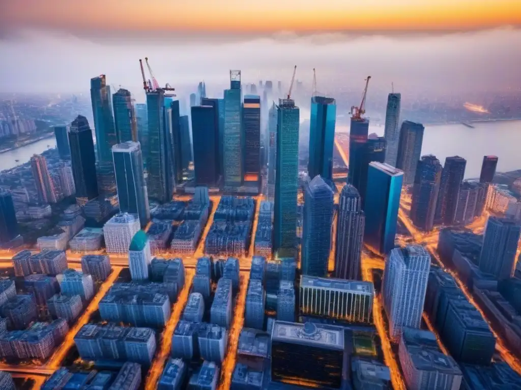 Metrópolis en transformación: tendencias urbanas globales Inversionistas inmobiliarios globales contemplan la dinámica urbanización de una metrópolis, con rascacielos modernos y edificios históricos