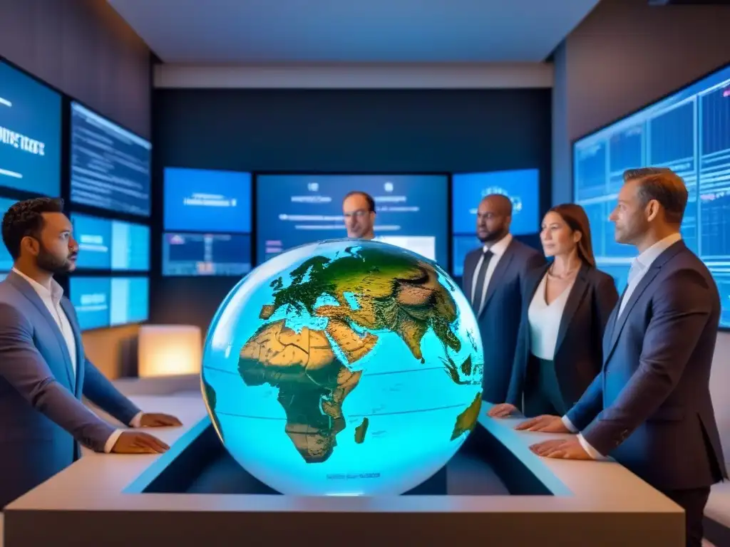 Inversores internacionales analizan propiedades globales en sala futurista Inversionistas inmobiliarios internacionales analizan propiedades en holograma, impactados por regulaciones propiedad extranjera