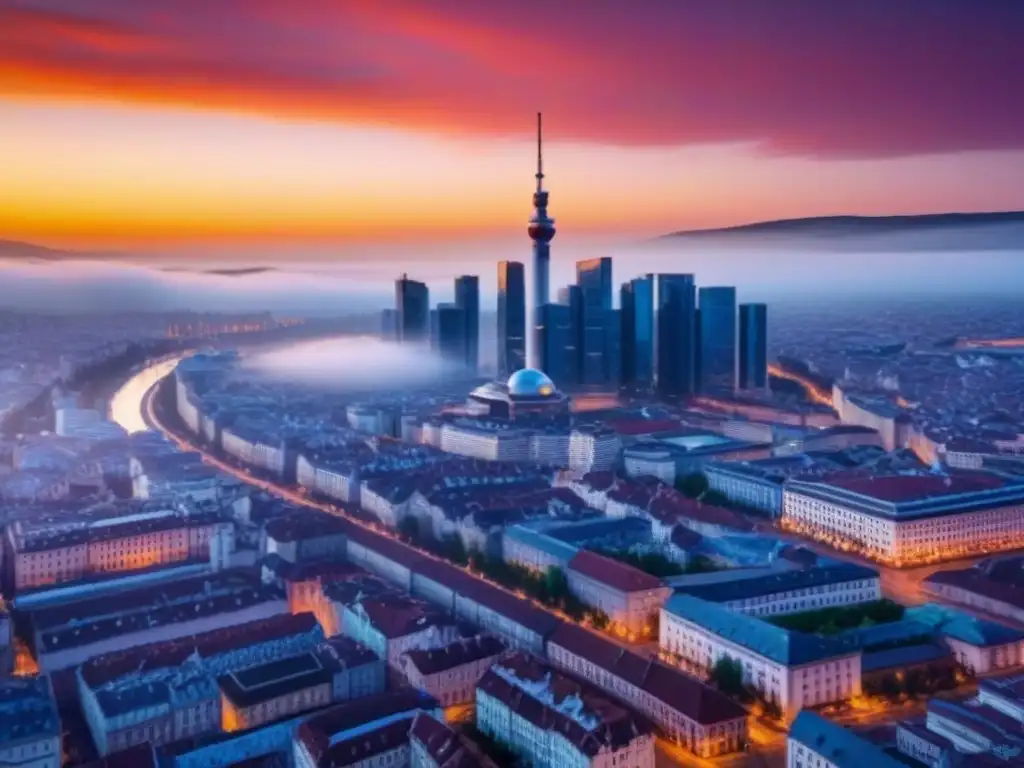 Horizonte urbano de Europa del Este: fusión de tradición e innovación en 8k Inversionistas inmobiliarios Europa Oriental: Atardecer vibrante ilumina ciudad mezcla de historia y modernidad