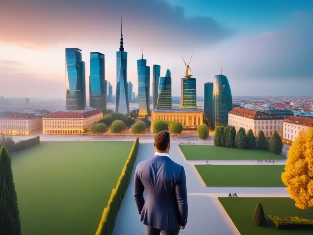 Inversionistas inmobiliarios en metrópolis europea al atardecer Inversionistas inmobiliarios en Europa Oriental admirando modernos rascacielos al atardecer