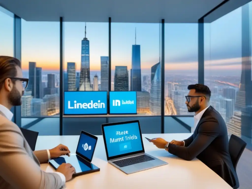 Inversores inmobiliarios analizan tendencias del mercado en oficina moderna Inversionistas inmobiliarios analizan tendencias en mercado internacional en oficina moderna con redes sociales