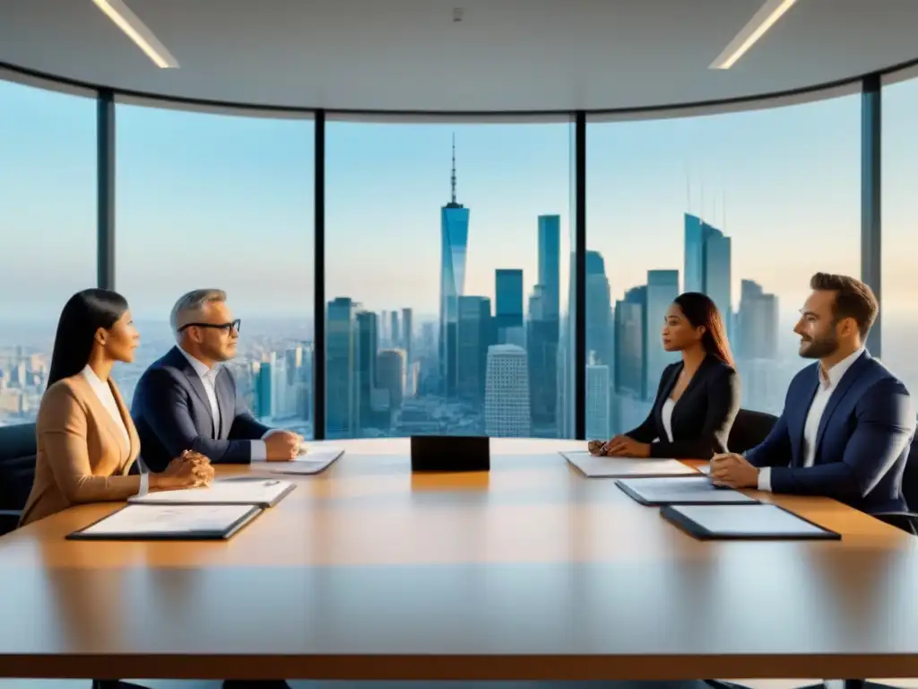 Inversores internacionales en reunión estratégica de 8k Inversionistas internacionales discuten beneficios fiscales en oficina moderna con vista panorámica