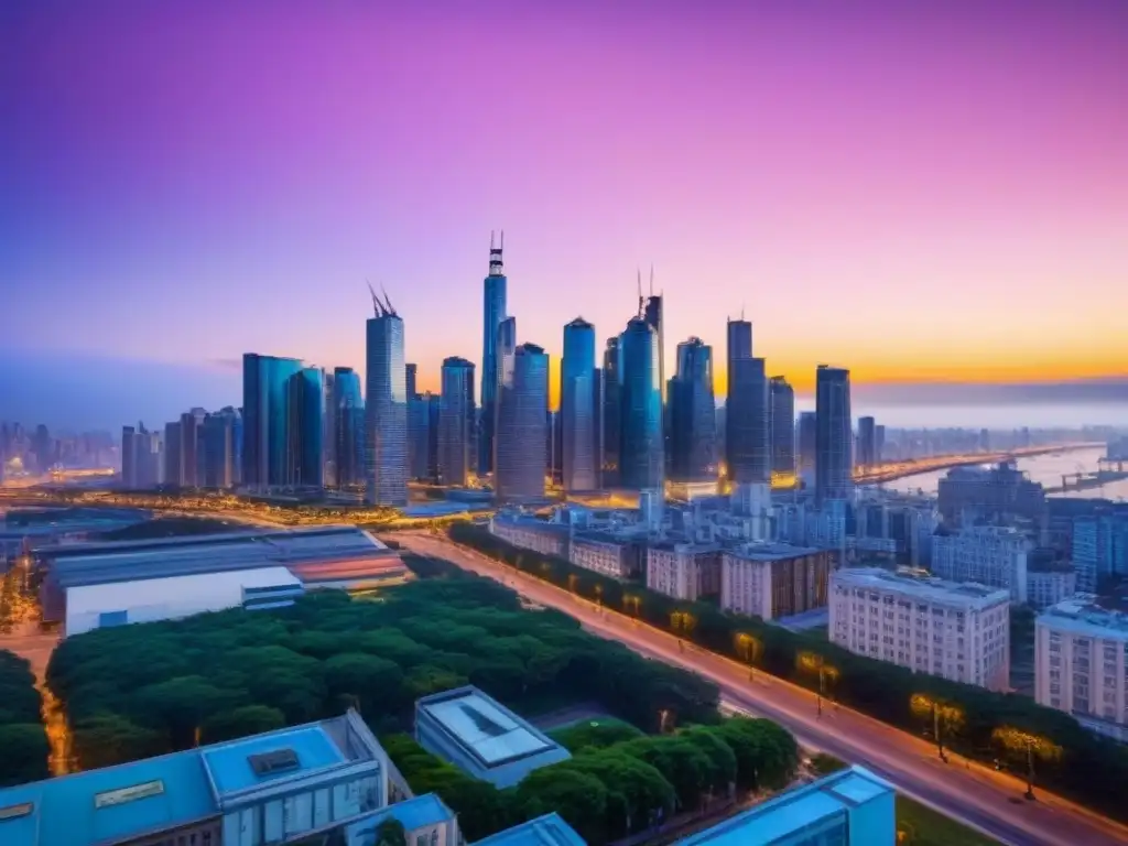 Oportunidades de inversión inmobiliaria: skyline moderno y vibrante Inversionistas internacionales en crowdfunding inmobiliario disfrutan de una vibrante ciudad al anochecer