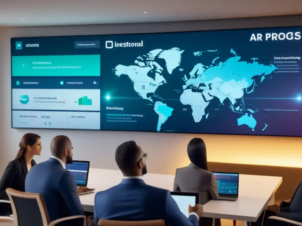 Inversores internacionales analizan proyectos inmobiliarios globales en interfaz futurista Inversionistas internacionales en crowdfunding inmobiliario analizan proyectos globales en interfaz futurista