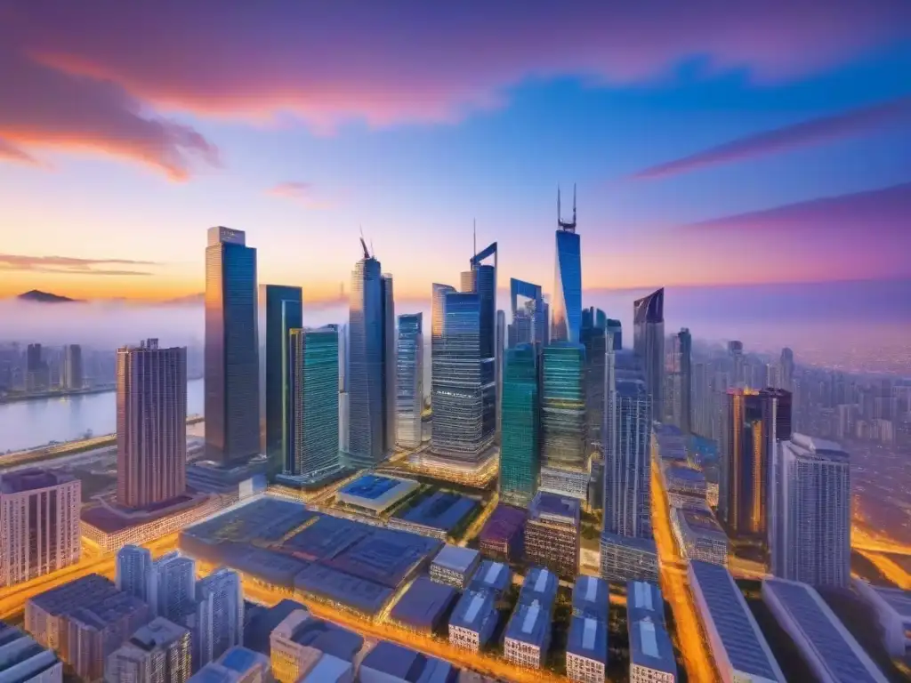 Inversores globales innovan skyline urbano al atardecer Inversionistas internacionales en crowdfunding inmobiliario discutiendo en una ciudad moderna al atardecer