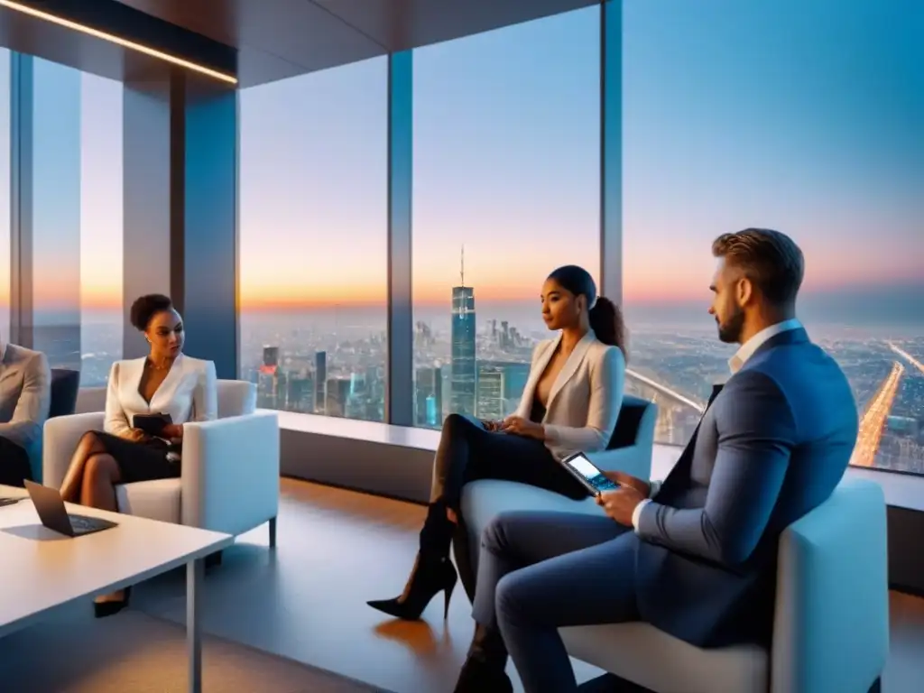 Inversores internacionales en oficina moderna con tecnología futurista Inversionistas internacionales en crowdfunding inmobiliario concentrados en sus dispositivos en una oficina moderna con vista a la ciudad al anochecer