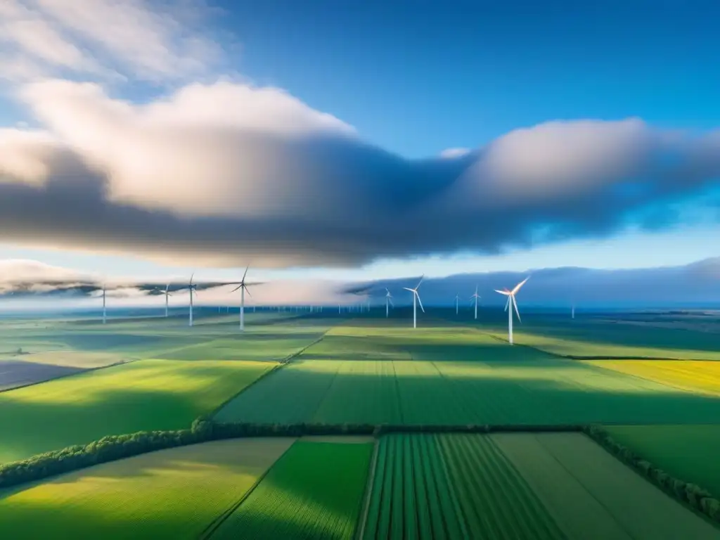 Renovación rural: granjas verdes con turbinas eólicas y paneles solares Inversionistas internacionales y desarrollos rurales en Norteamérica: un paisaje rural con molinos de viento y paneles solares