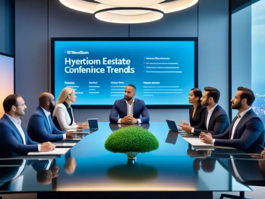 Inversores globales en mesa futurista: colaboración y estrategia Inversionistas internacionales discuten estrategias de inversión inmobiliaria internacional en sala futurista