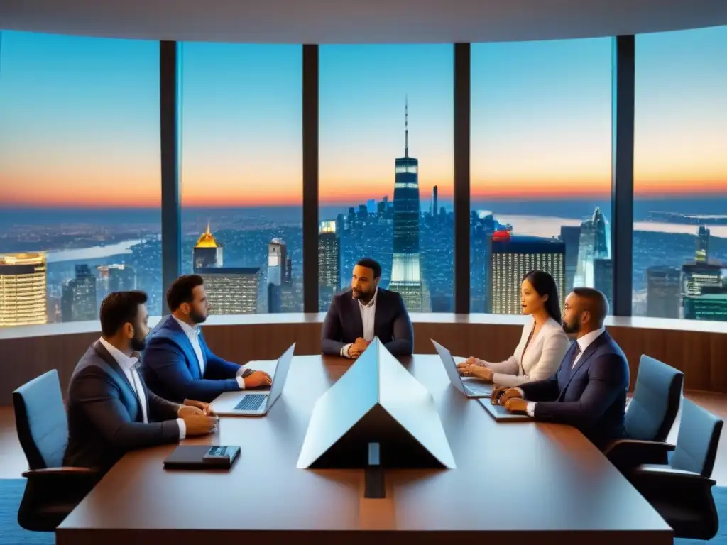 Inversores internacionales analizan gráficos financieros en moderna sala de juntas con vista panorámica al atardecer Inversionistas internacionales analizan gráficos financieros en moderna sala de juntas con vista panorámica a la ciudad al atardecer