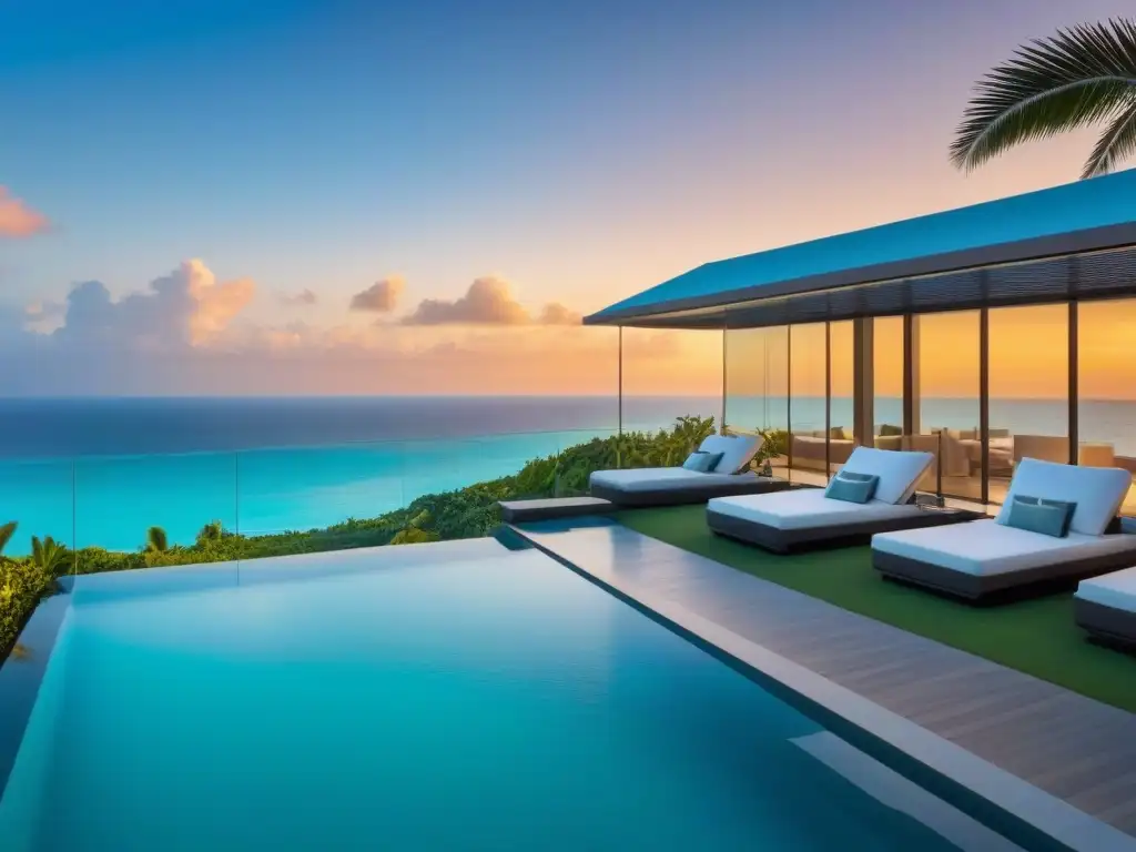 Condominio de lujo con piscina infinita y vista al mar Inversionistas internacionales en lujoso complejo de tiempo compartido con piscina infinita y vistas al mar turquesa al atardecer