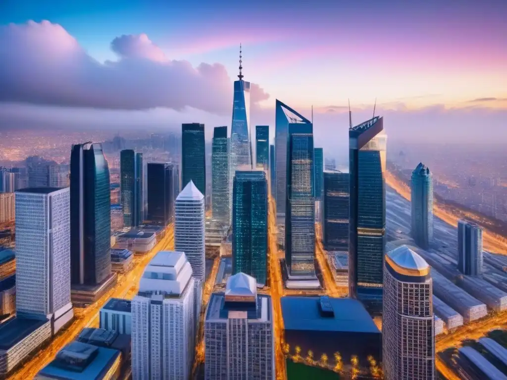 Mercado inmobiliario global: inversores negociando en metrópolis moderna Inversionistas internacionales en mercado inmobiliario negociando en una ciudad cosmopolita de rascacielos