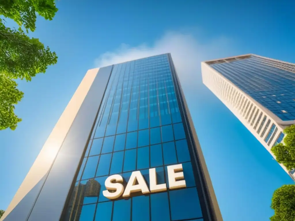 Edificio de oficinas en venta: inversión global inmobiliaria Inversionistas internacionales en mercado inmobiliario: Edificio moderno en venta con banderas internacionales ondeando