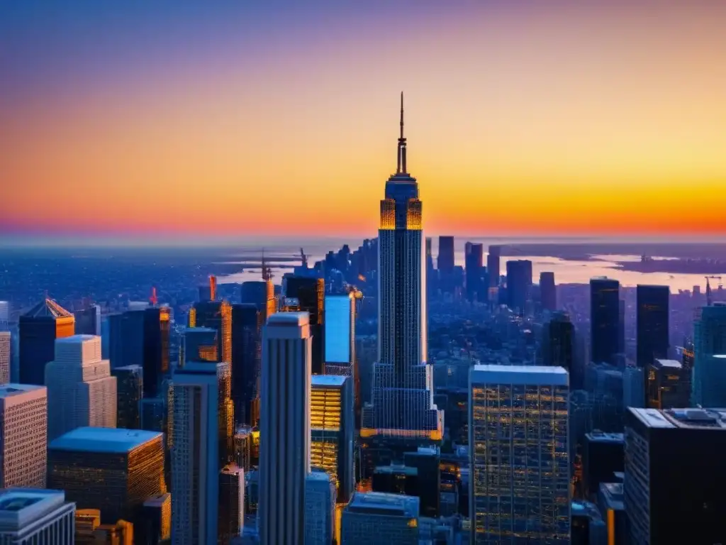 Rascacielos moderno en ciudad vibrante al atardecer Inversionistas internacionales en mercado inmobiliario: Atardecer dorado ilumina moderno rascacielos en bulliciosa ciudad
