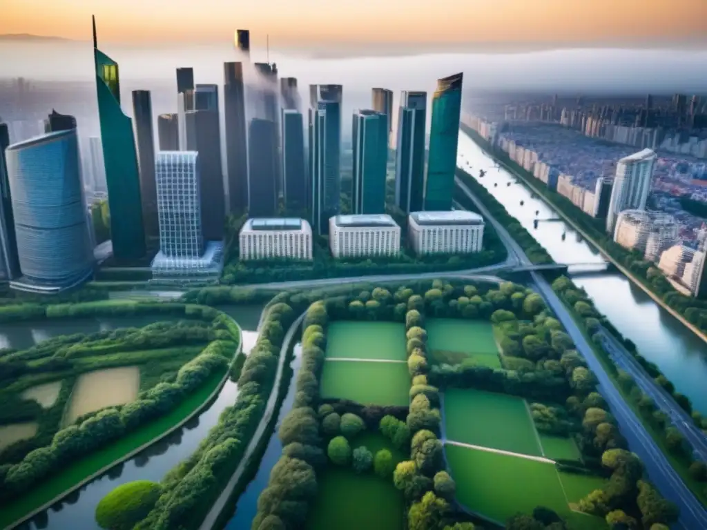 Vibrante ciudad financiera: arquitectura moderna y naturaleza en armonía Inversionistas internacionales en mercado inmobiliario: Ciudad vibrante con rascacielos icónicos y parques verdes junto al río al atardecer