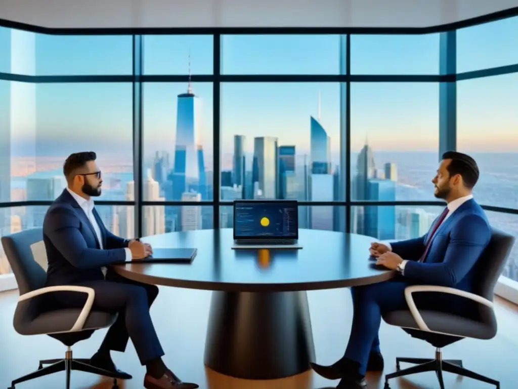 Inversionistas internacionales en reunión estratégica de bienes raíces Inversionistas internacionales en moderna sala de juntas, colaborando para maximizar retornos en mercado inmobiliario internacional