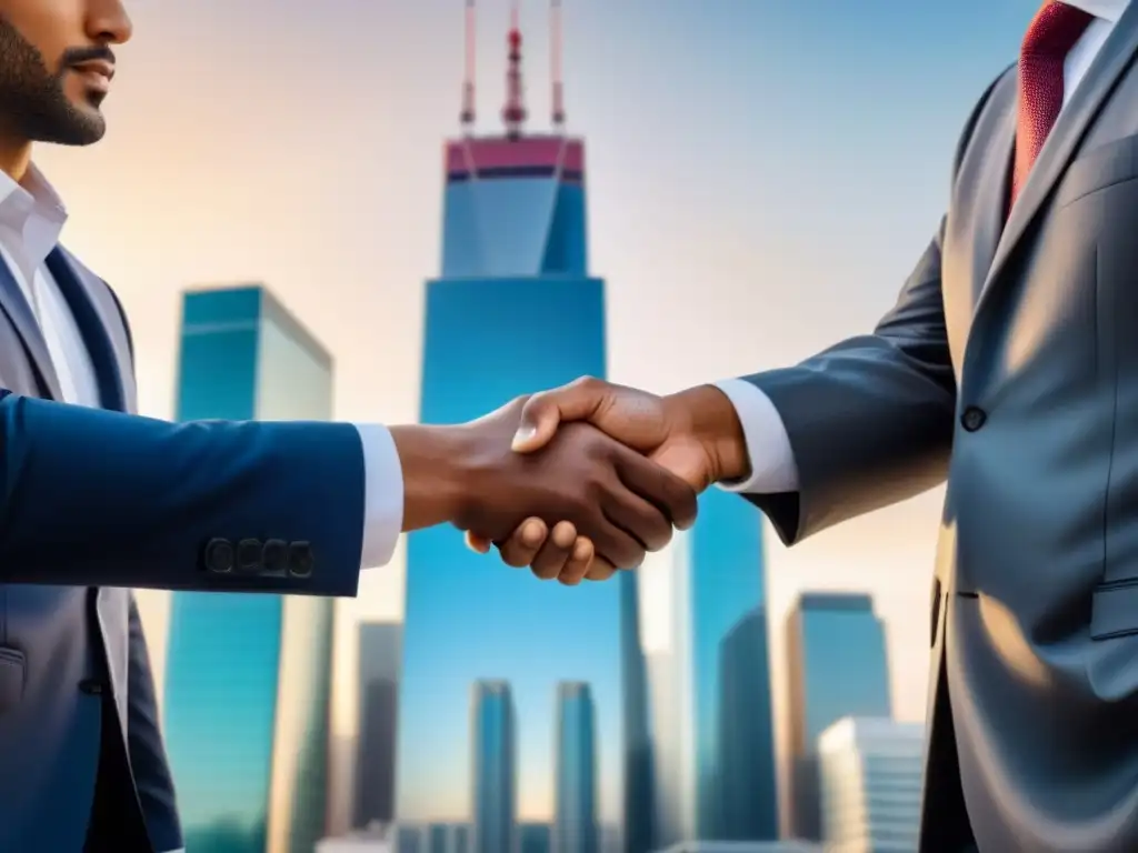 Inversionistas globales triunfan: Acuerdo frente a rascacielos Inversionistas internacionales celebran victorias legales en bienes raíces frente a un rascacielos moderno