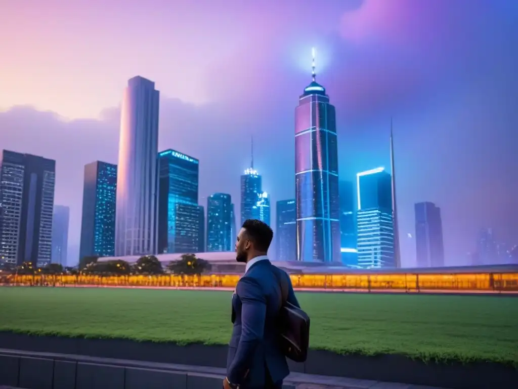 Inversores internacionales en metrópolis futurista al anochecer Inversionistas jóvenes en mercado inmobiliario internacional, debatiendo frente a un paisaje urbano futurista iluminado por luces neón al atardecer