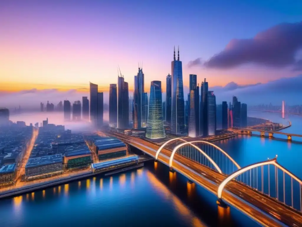 Metrópolis futurista: rascacielos iluminados y autos voladores Inversionistas jóvenes en mercado inmobiliario internacional explorando ciudad futurista en crepúsculo