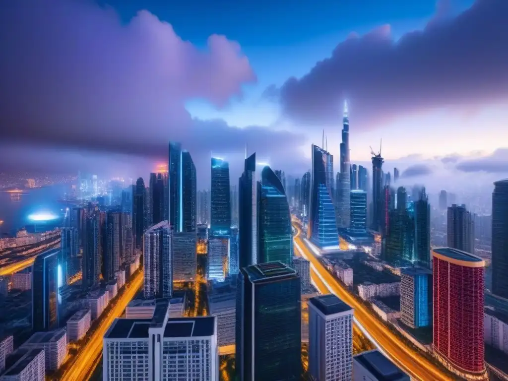 Innovación inmobiliaria: Ciudad futurista de inversores jóvenes Inversionistas jóvenes transformando el mercado inmobiliario internacional con tecnología de vanguardia en una ciudad futurista de noche