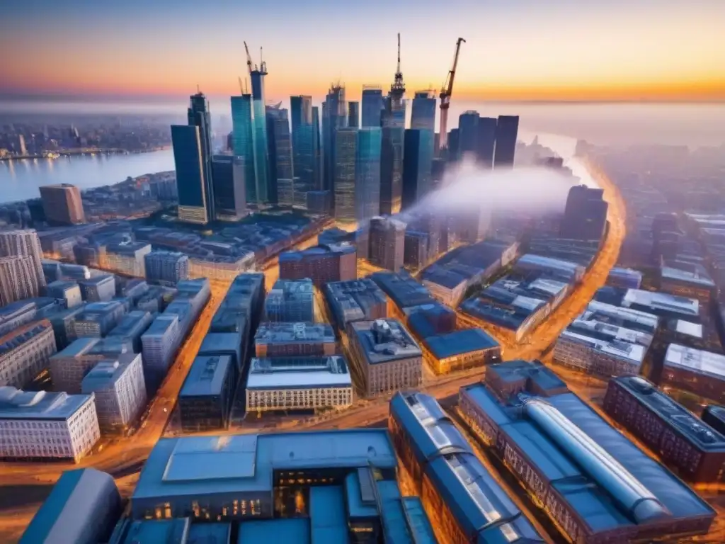 Panorama urbano: ciudad postindustrial vibrante y diversa Inversionistas del mercado inmobiliario internacional contemplan el vibrante skyline de la ciudad al atardecer