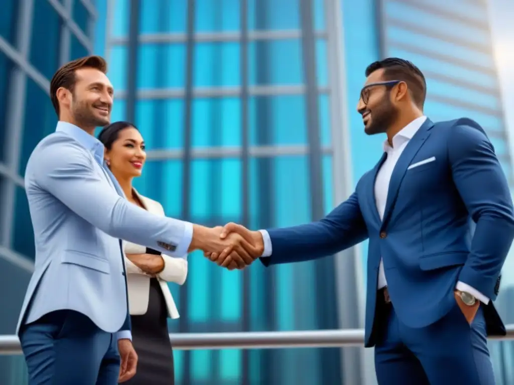 Inversionistas internacionales celebran éxito inmobiliario global Inversionistas de todo el mundo firman acuerdos frente a edificio moderno, reflejando éxito global en hipotecas para inversionistas extranjeros