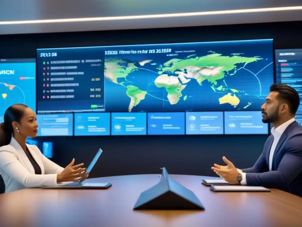 Inversores globales en sala de juntas moderna Inversionistas de todo el mundo analizan riesgo inversiones comerciales internacionales en sala de juntas moderna