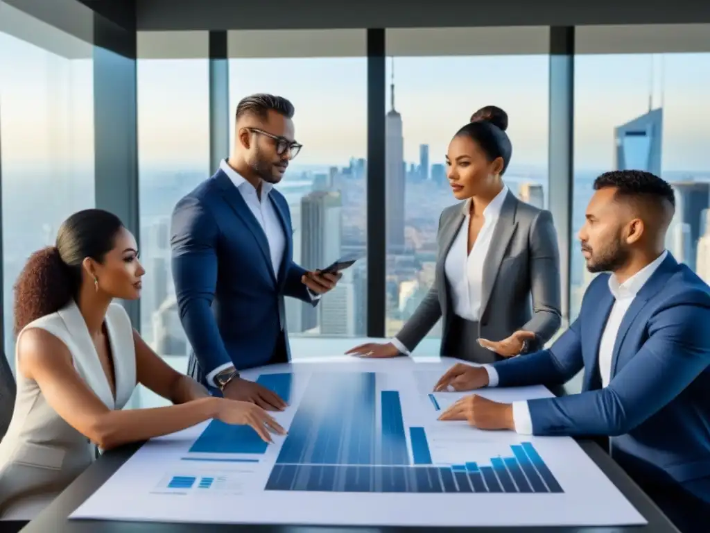 Inversores inmobiliarios analizan oportunidades en moderna sala de juntas Inversionistas analizando planos y datos en moderna sala de juntas con vista panorámica a la ciudad