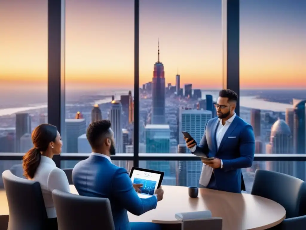 Inversionistas revisan pólizas de seguros en oficina moderna Inversionistas revisan pólizas de seguro en tabletas digitales en oficina moderna con vista a la ciudad