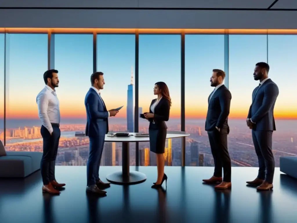 Inversores globales discuten propiedades inmobiliarias Inversionistas debatiendo propiedades en una interfaz digital, destacando la colaboración global en el mercado internacional de derechos de propiedad