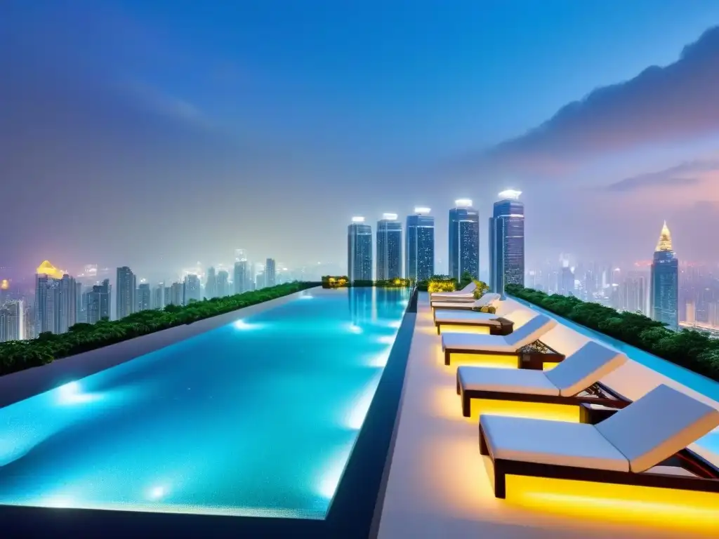 Propiedad de lujo en ciudad Asiática: modernidad y sofisticación en 8k Inversionistas se deleitan con propiedades de lujo en Asia: edificio moderno con piscina infinita en el techo y lobby elegante