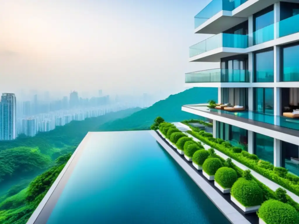 Edificio residencial de lujo en ciudad asiática: arquitectura moderna, jardines en azotea y piscina infinita con vista al skyline Inversionistas propiedades lujo Asia: Edificio residencial de lujo en ciudad asiática con jardines y piscina infinita