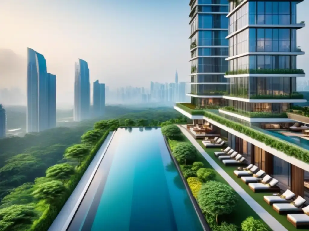Desarrollo inmobiliario de lujo en metrópolis asiática Inversionistas propiedades lujo Asia: Desarrollo urbano lujoso con moderna arquitectura y naturaleza en ciudad asiática