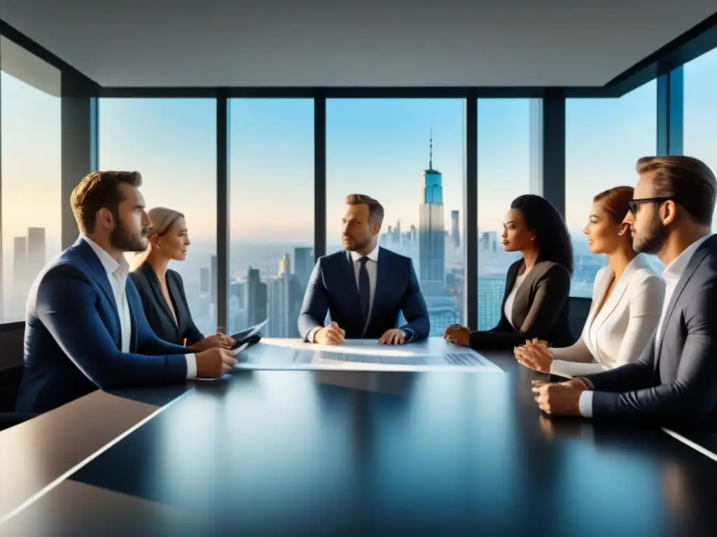 Inversores inmobiliarios analizan estrategias en moderna oficina Inversionistas en reunión discutiendo estrategias de inversión en propiedades, rodeados de tecnología y con vista a la ciudad