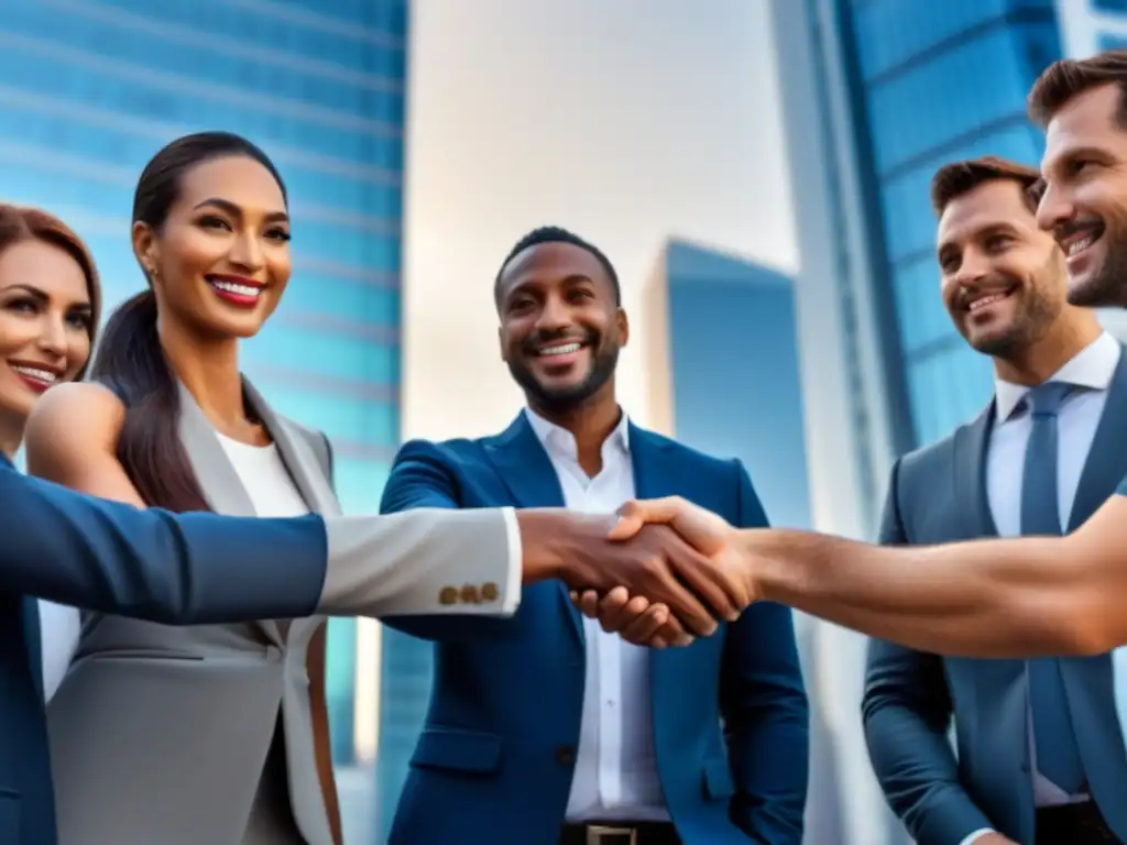 Inversionistas sonrientes celebran éxito en crowdfunding inmobiliario Inversionistas sonrientes se dan la mano con un desarrollador frente a un rascacielos, en un entorno urbano futurista