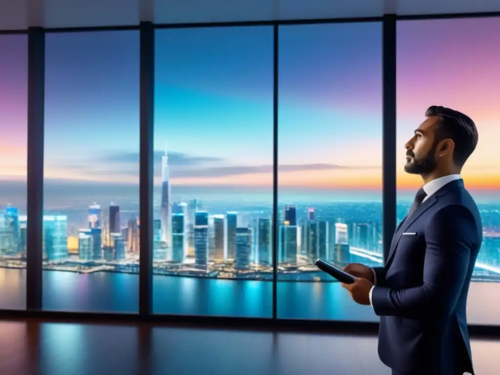 Inversores globales decidiendo con precisión Inversionistas en trajes profesionales discuten propiedades internacionales en pantalla holográfica en lujoso entorno hightech al anochecer
