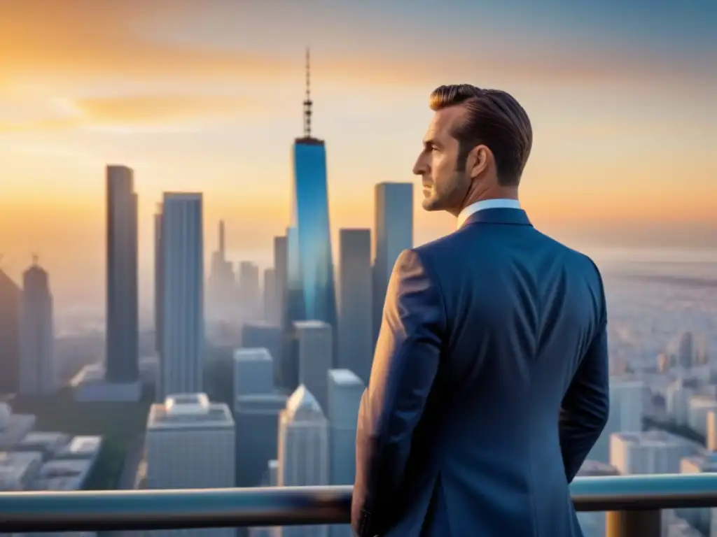Inversor de éxito frente al skyline: profesionalidad y determinación Inversor exitoso en mercado inmobiliario frente a la ciudad moderna al atardecer dorado, transmitiendo profesionalismo y determinación