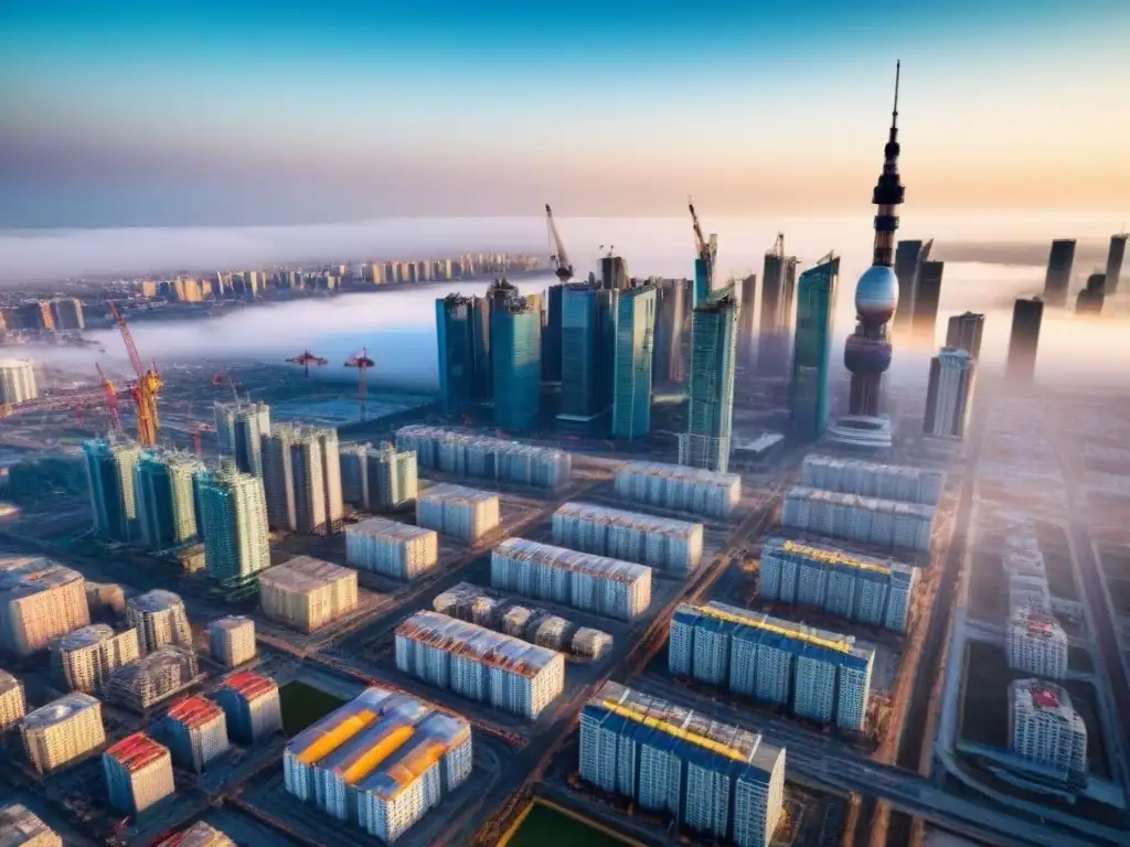 Horizonte urbano en crecimiento: mezcla de modernidad y tradición Inversor exitoso mercado inmobiliario: Ciudad en crecimiento con rascacielos en construcción y una mezcla de edificios modernos y tradicionales