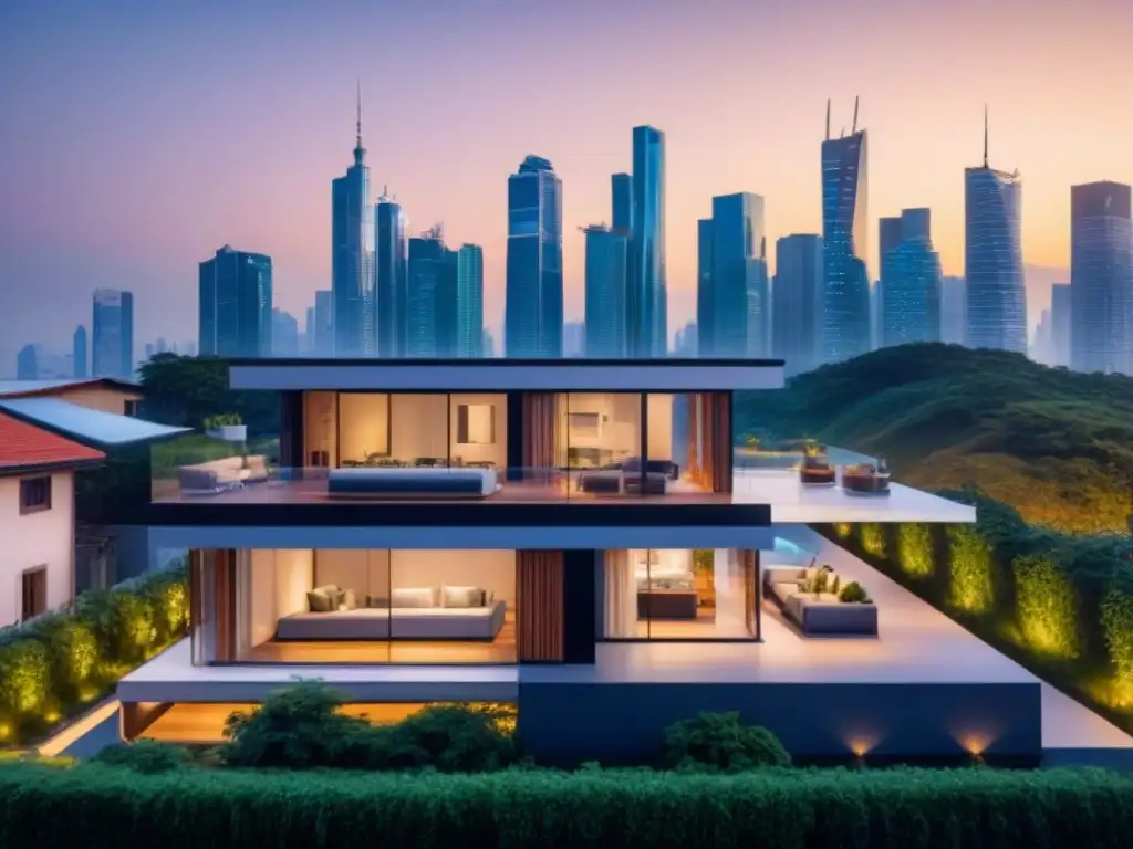 Smart home futurista en ciudad emergente Inversor global mercado inmobiliario: Futurista hogar inteligente en mercado emergente con tecnología avanzada y ambiente cálido al anochecer